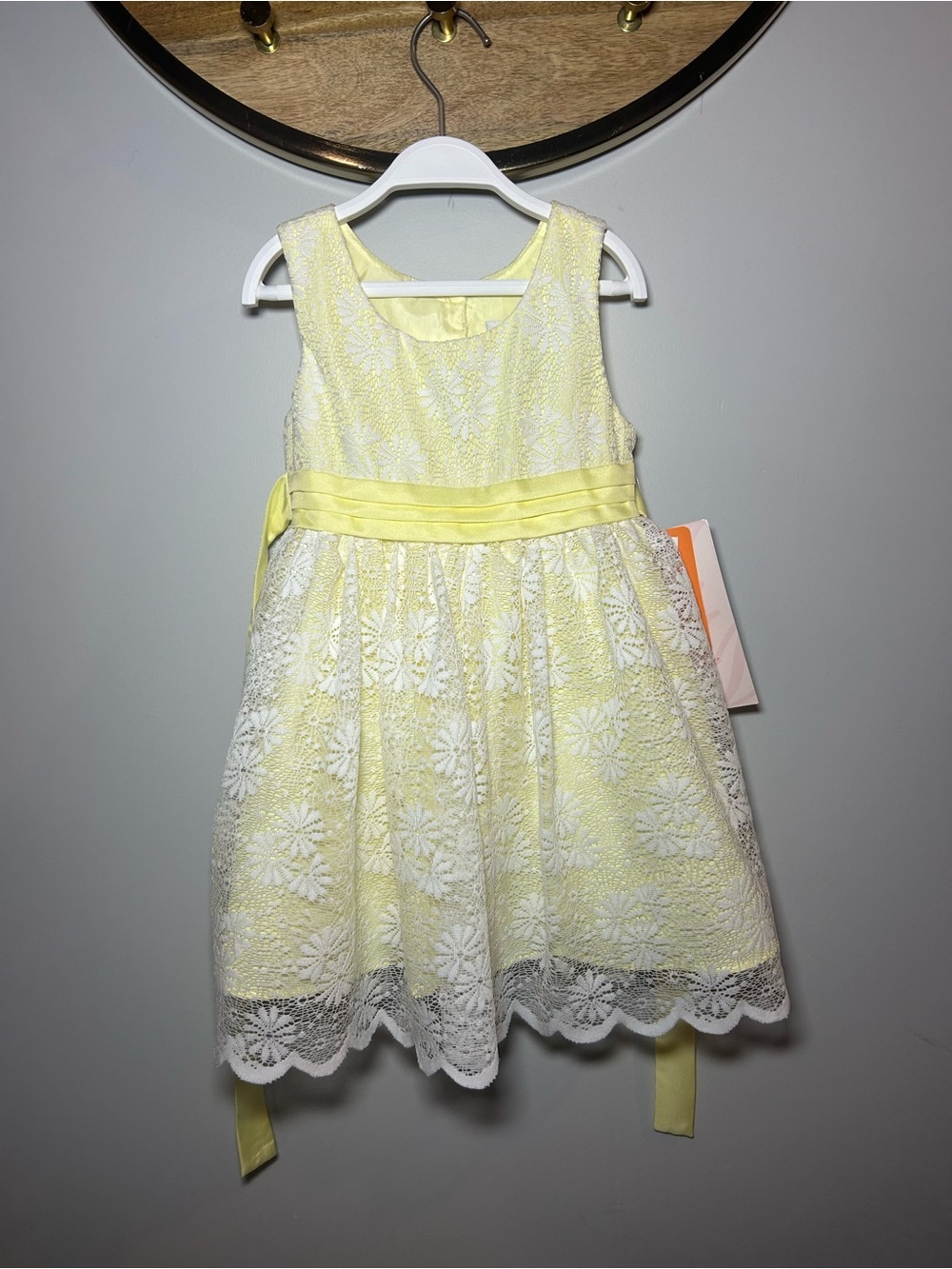 Jona Michelle Yellow and White Lace Flower Girl Dress with Satin Sash